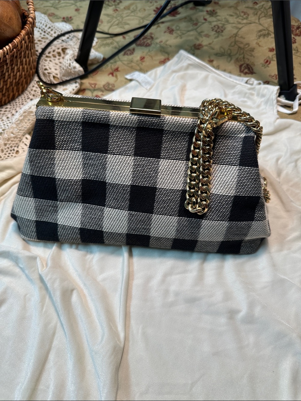 Mansur Gavriel Black and White Gingham Chain-Handle Clutch